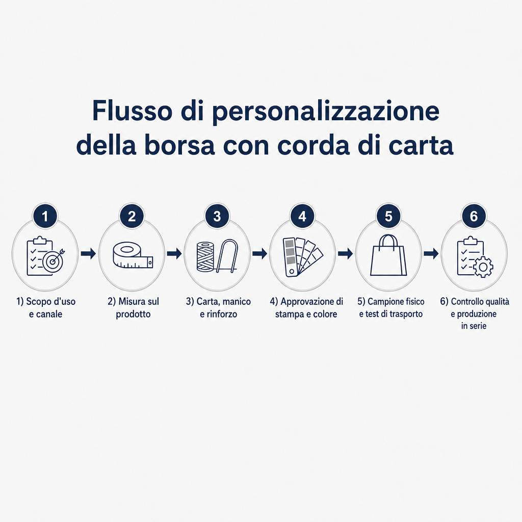 Schema del processo in sei fasi della personalizzazione della borsa con corda di carta
