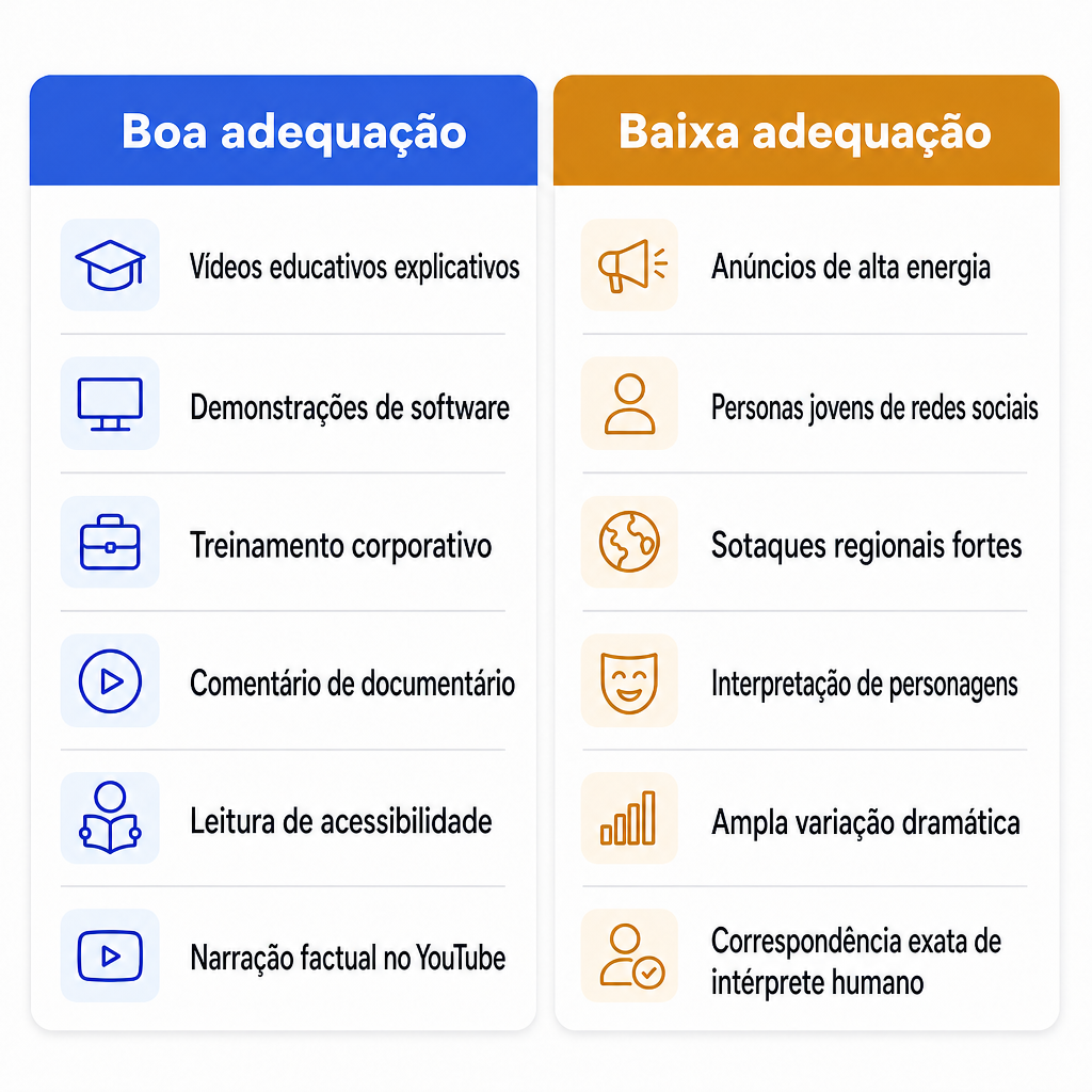 Comparação de tipos de conteúdo em que uma voz britânica no estilo Daniel se encaixa bem versus mal.