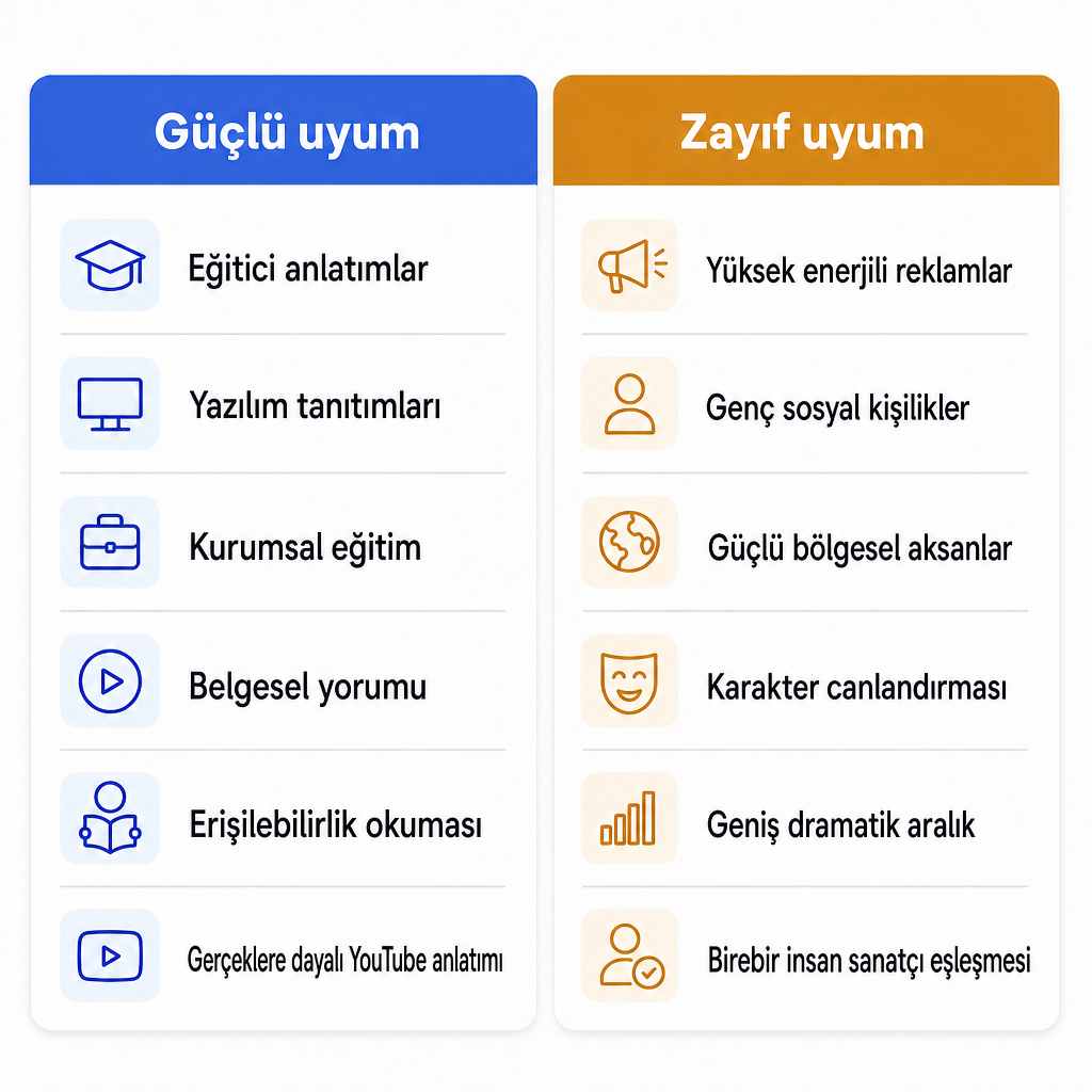 Daniel tarzı İngiliz sesin iyi uyduğu ve kötü uyduğu içerik türlerinin karşılaştırması.