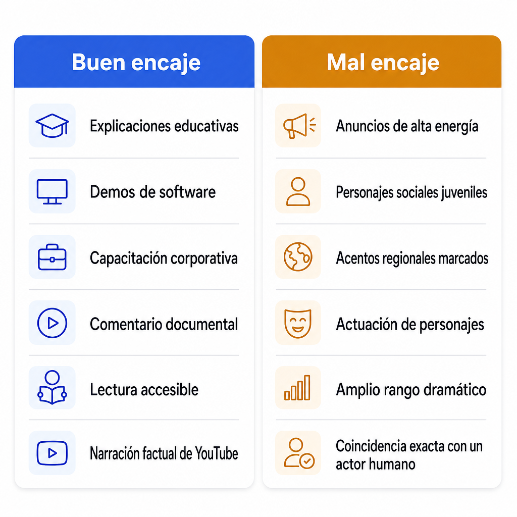 Comparación de tipos de contenido en los que una voz británica estilo Daniel encaja bien frente a los que encaja mal.