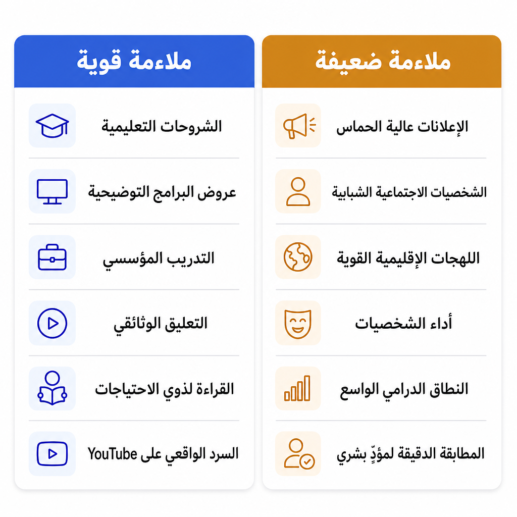 مقارنة بين أنواع المحتوى التي يلائمها الصوت البريطاني على طراز دانيال جيدًا مقابل التي يلائمها بشكل ضعيف.