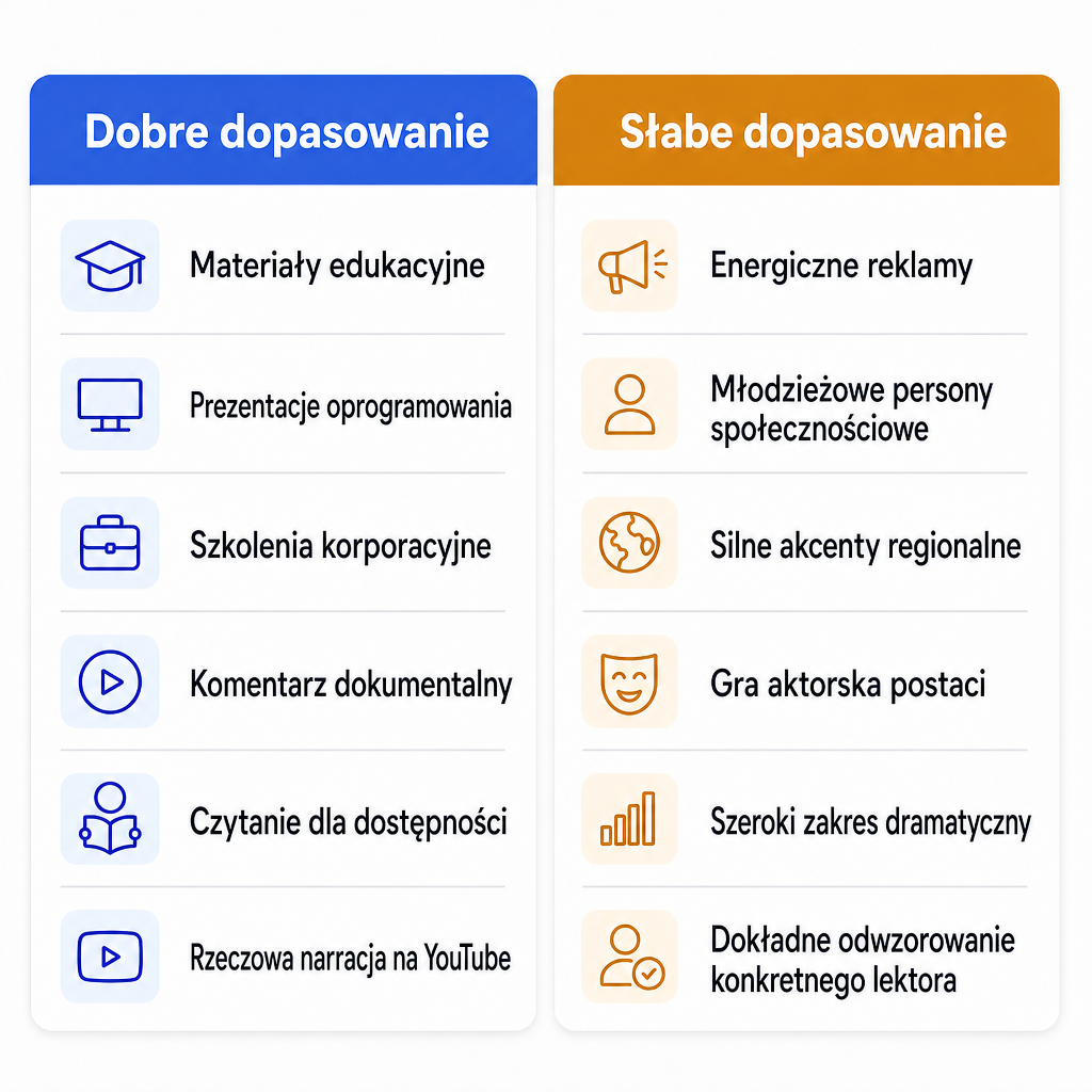 Porównanie typów treści, w których brytyjski głos w stylu Daniela sprawdza się dobrze, a w których słabo.