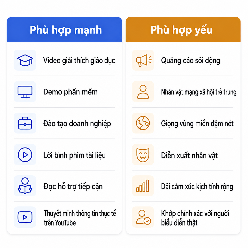 So sánh các loại nội dung mà giọng Anh kiểu Daniel phù hợp tốt so với phù hợp kém.