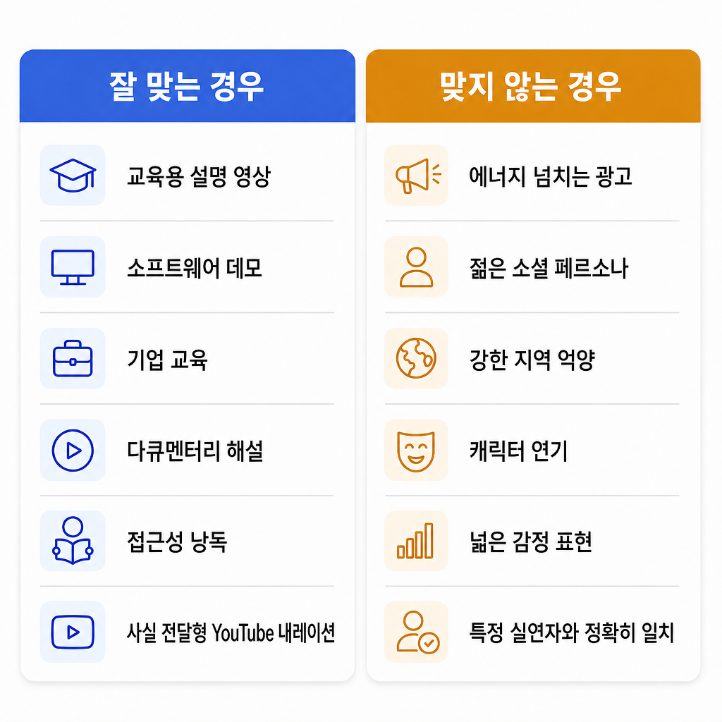 Daniel 스타일 영국식 음성이 잘 맞는 콘텐츠 유형과 맞지 않는 유형의 비교.