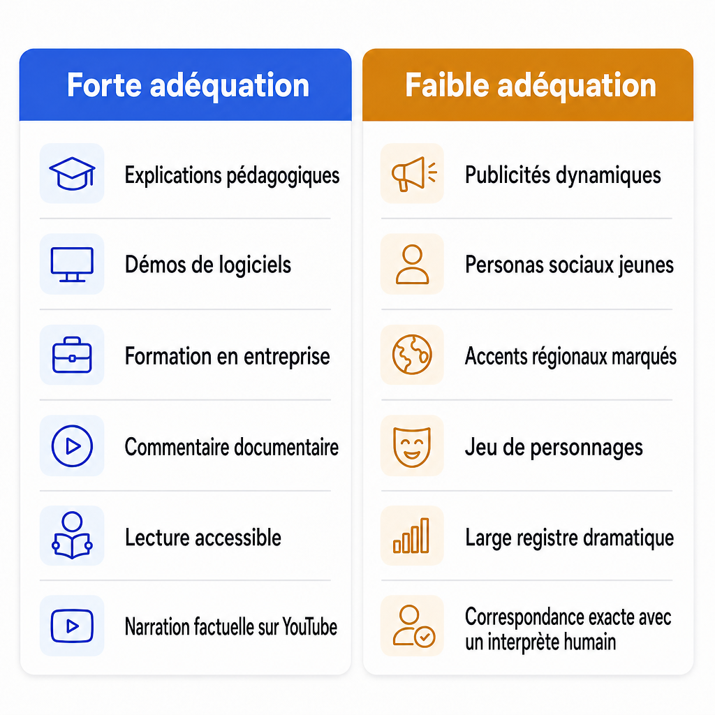 Comparaison des types de contenu où une voix britannique à la Daniel convient bien ou mal.