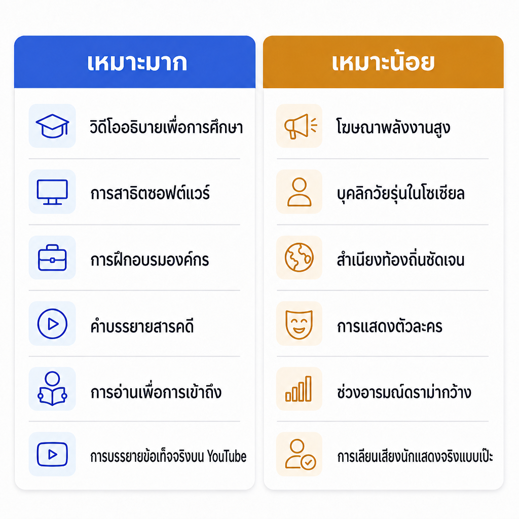 การเปรียบเทียบประเภทเนื้อหาที่เสียงสําเนียงอังกฤษสไตล์ Daniel เหมาะหรือไม่เหมาะ