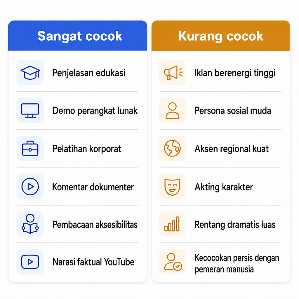 Perbandingan jenis konten di mana suara Inggris gaya Daniel cocok dengan baik versus kurang cocok.