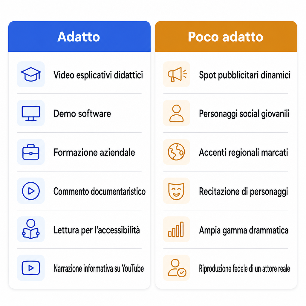 Confronto tra i tipi di contenuto in cui una voce britannica stile Daniel si adatta bene oppure male.