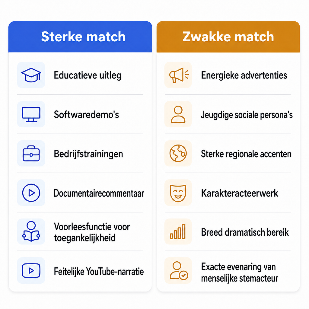 Vergelijking van contenttypen waarbij een Britse stem in Daniel-stijl goed of slecht past.
