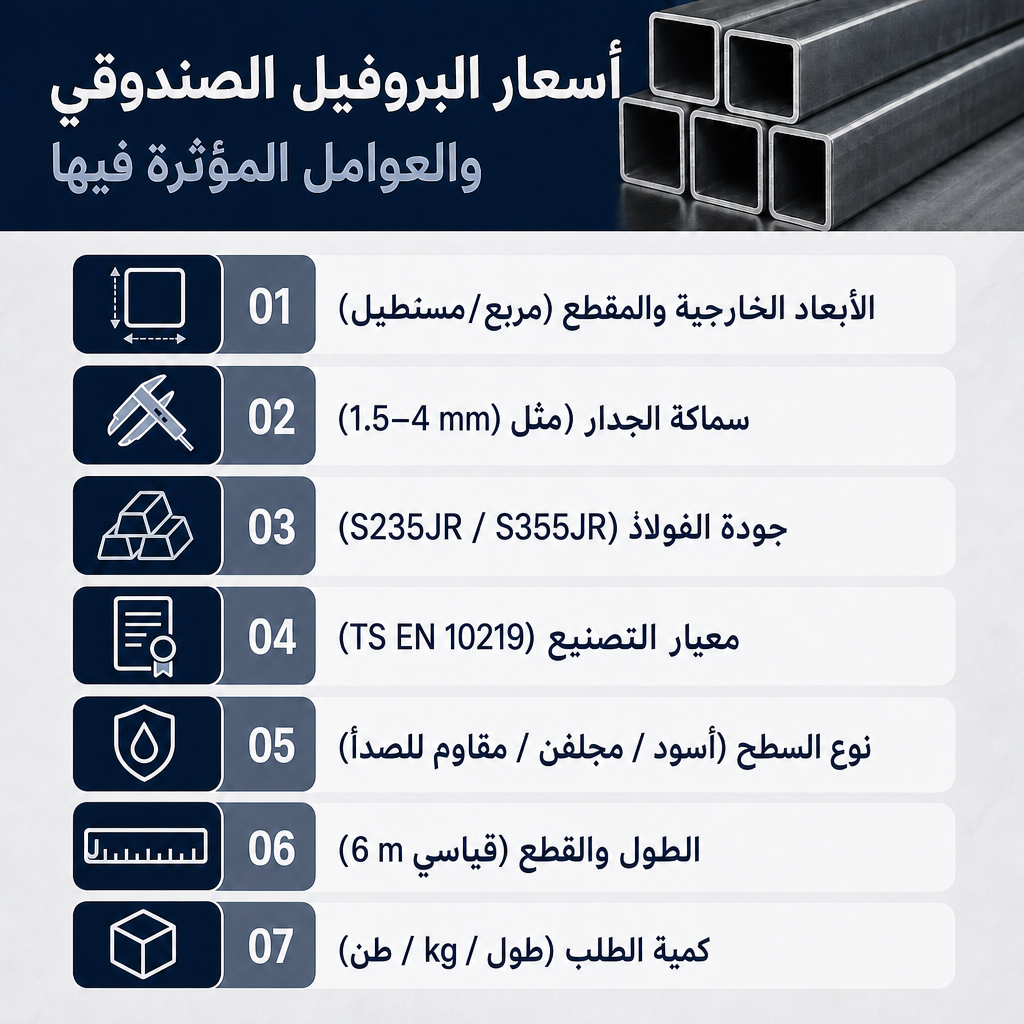 إنفوغرافيك يوضح العوامل السبعة التي تحدد سعر البروفيل الصندوقي