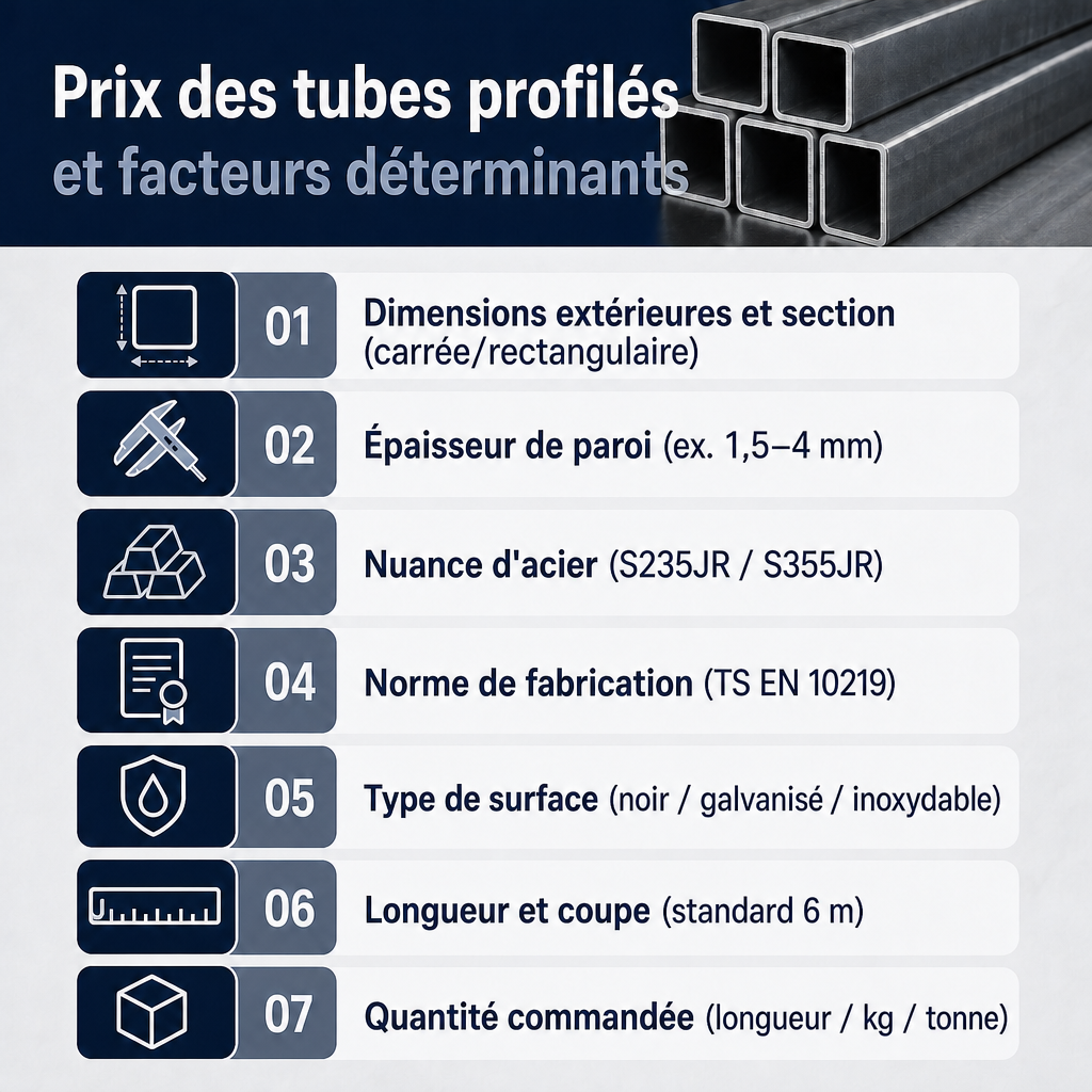 Infographie listant les sept facteurs qui déterminent le prix du tube profilé