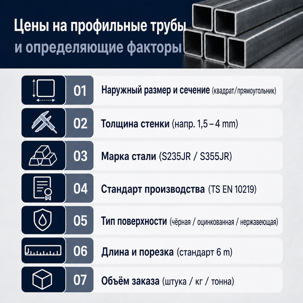 Инфографика с перечнем семи факторов, определяющих цену профильной трубы