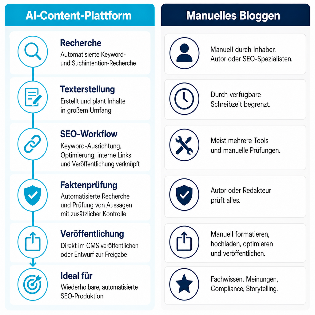Direkter Vergleich einer durchgängigen AI-Plattform-Pipeline mit einem manuellen Blogging-Prozess in Einzelschritten.