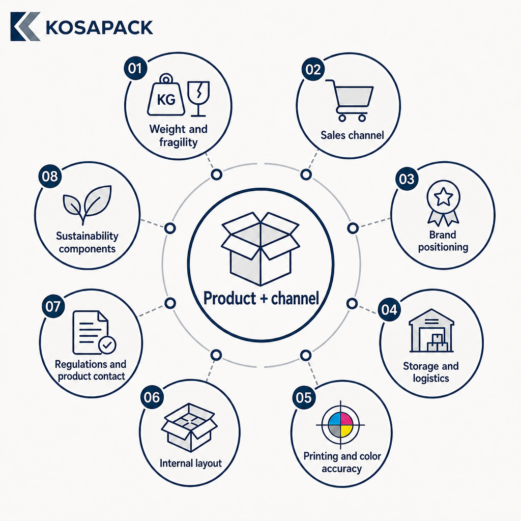 Diagram showing the eight criteria evaluated together when selecting packaging material