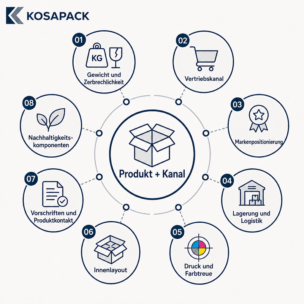 Diagramm, das die acht gemeinsam bewerteten Kriterien bei der Auswahl des Verpackungsmaterials zeigt