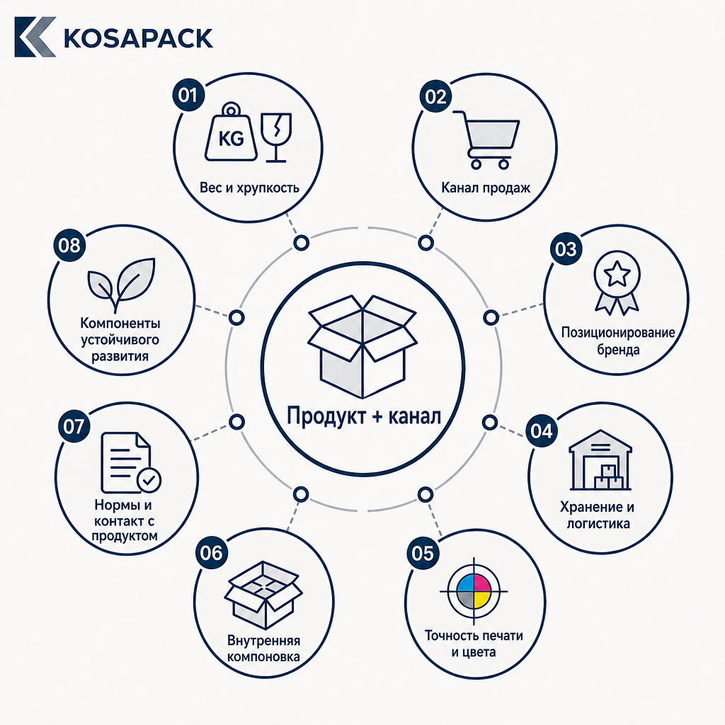 Диаграмма, показывающая восемь критериев, оцениваемых вместе при выборе упаковочного материала