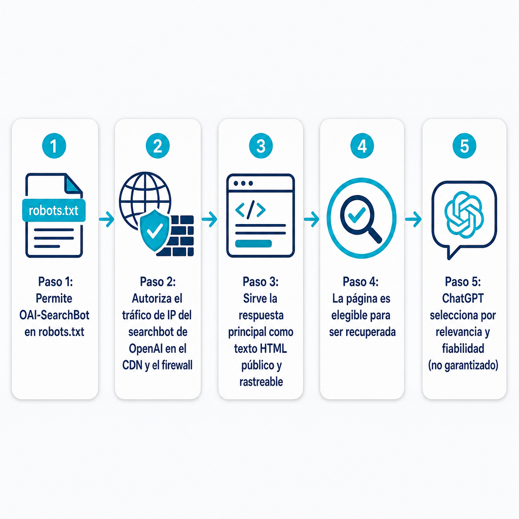 Diagrama de cinco pasos que muestra el acceso del rastreador y el HTML público que conducen a la elegibilidad, y luego la selección no garantizada por ChatGPT