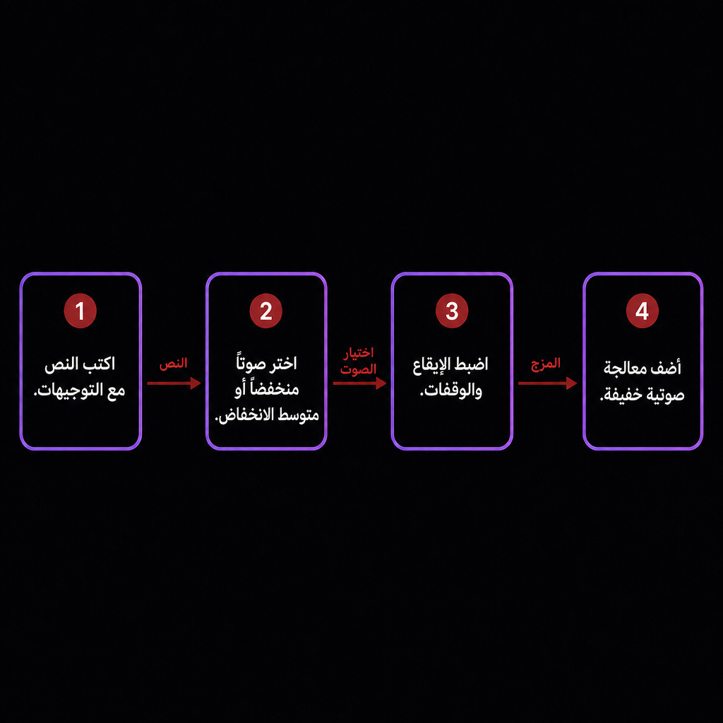 رسم بياني من أربع خطوات يوضح بناء صوت رعب من النص واختيار الصوت والإيقاع والمعالجة.