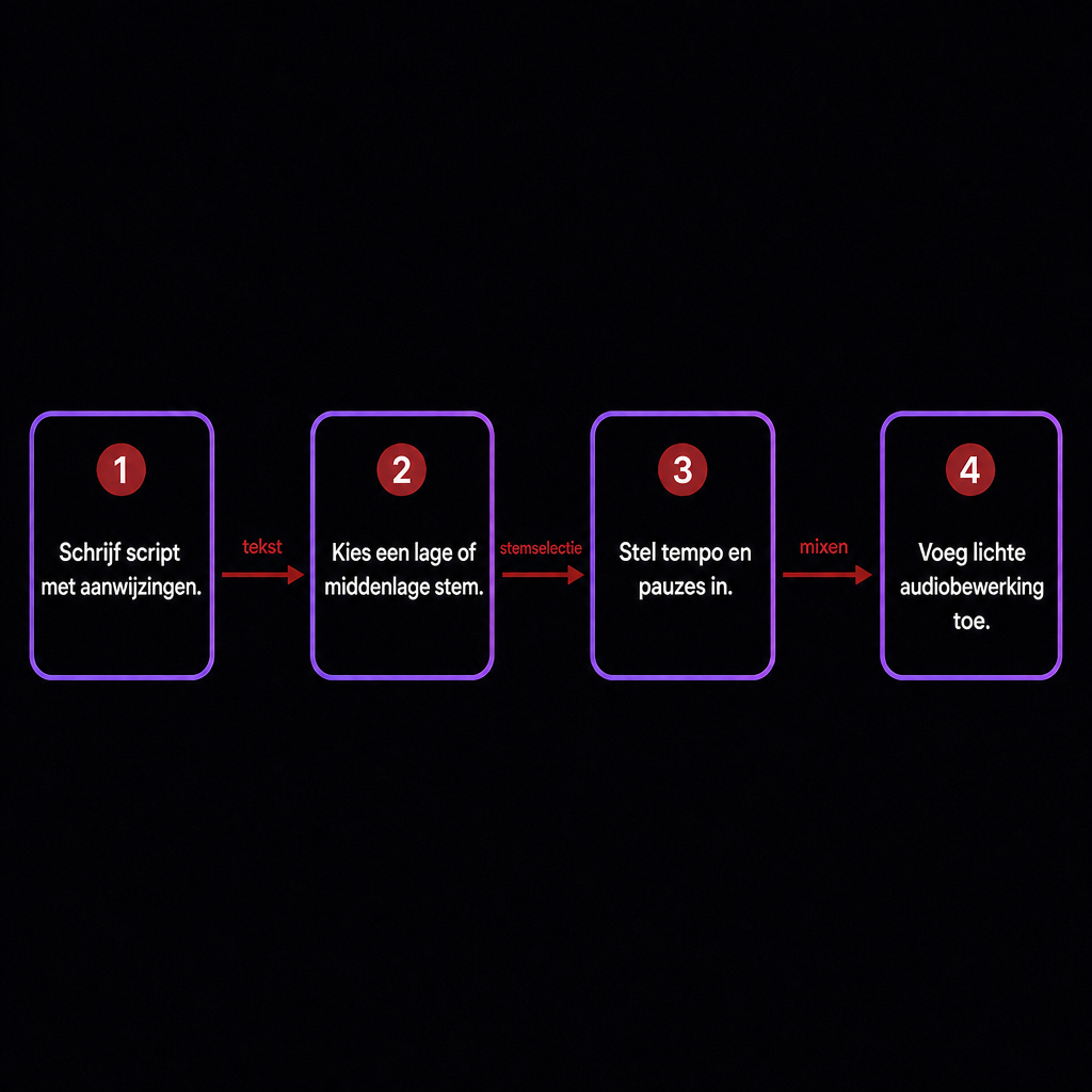 Diagram met vier stappen dat een horrorstem opbouwt uit script, stemkeuze, tempo en bewerking.
