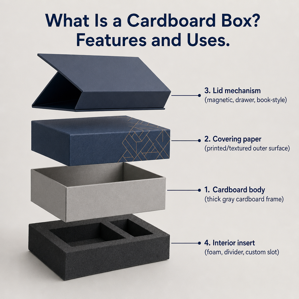 Layered diagram showing the four main components of a cardboard box: body, covering, lid, and interior insert