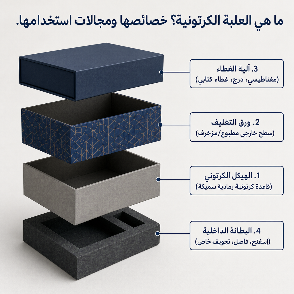 مخطط طبقي يوضح المكونات الأربعة الرئيسية للعلبة الكرتونية: الهيكل، التغليف، الغطاء والبطانة الداخلية
