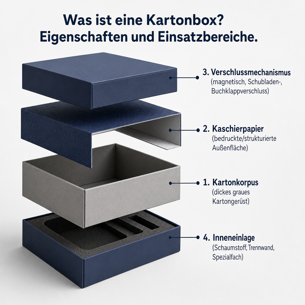 Schichtdiagramm mit den vier Hauptbestandteilen der Kartonbox: Korpus, Kaschierung, Verschluss und Inneneinlage