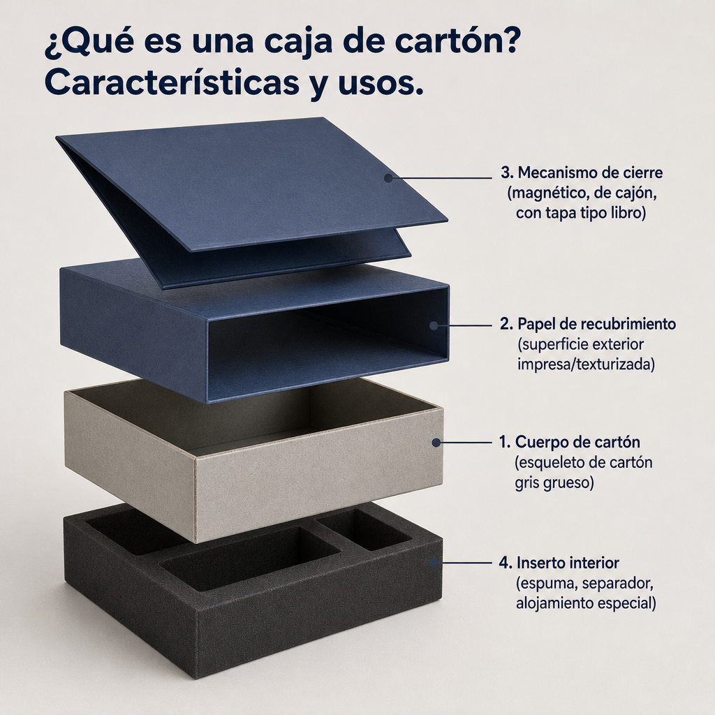 Diagrama en capas que muestra los cuatro componentes principales de la caja de cartón: cuerpo, recubrimiento, tapa e inserto interior