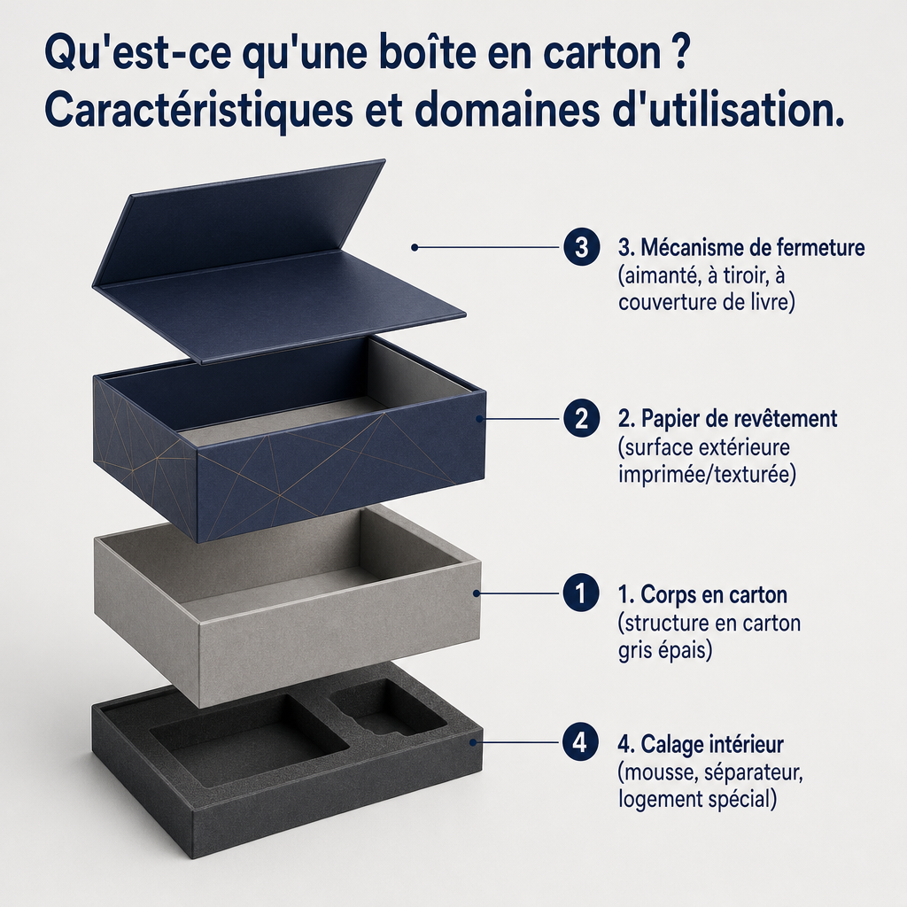 Diagramme en couches montrant les quatre composants principaux d'une boîte en carton : corps, revêtement, couvercle et calage intérieur