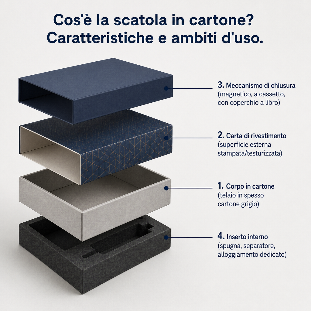 Diagramma stratificato che mostra i quattro componenti principali della scatola in cartone: corpo, rivestimento, coperchio e inserto interno