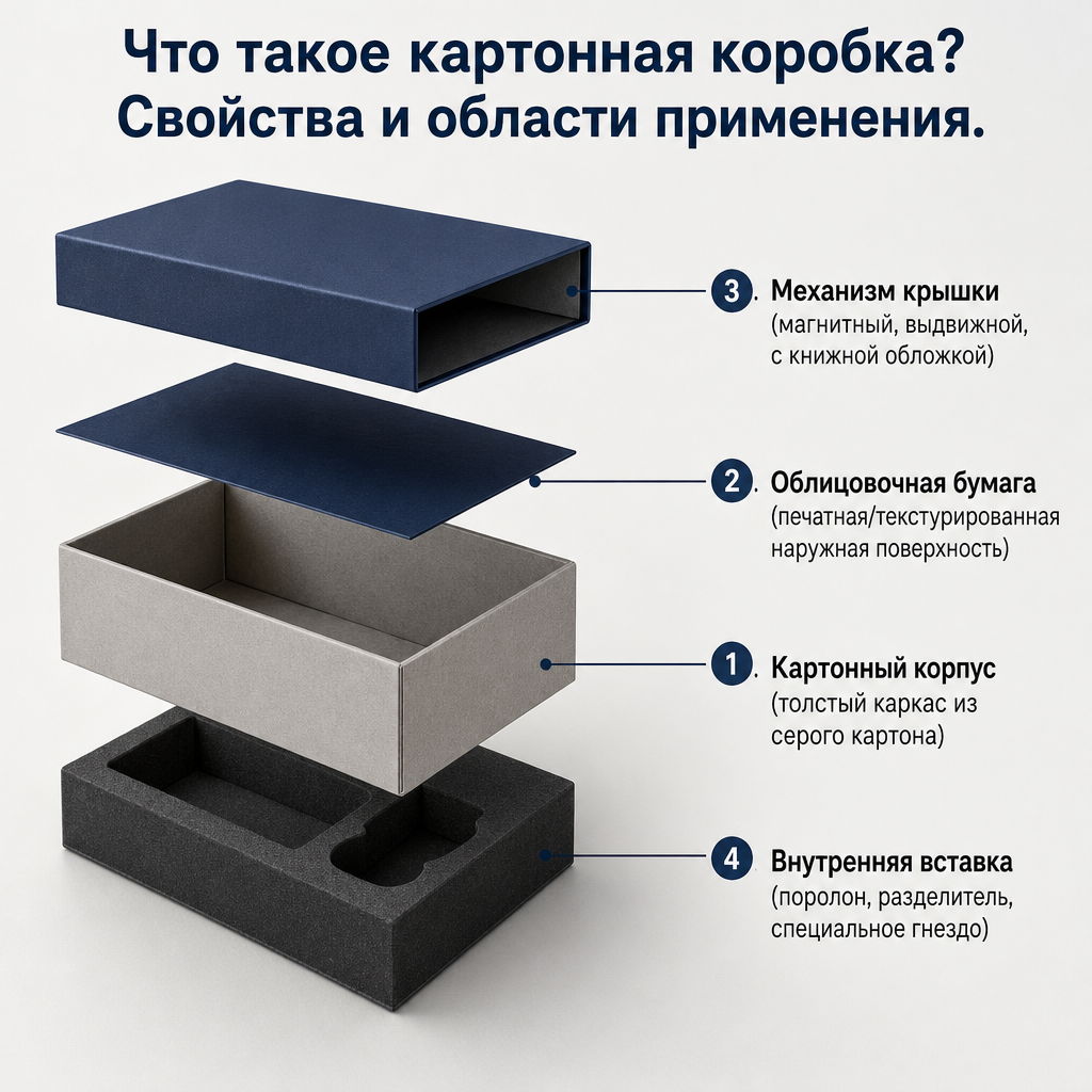 Слоистая диаграмма, показывающая четыре основных компонента картонной коробки: корпус, облицовку, крышку и внутреннюю вставку
