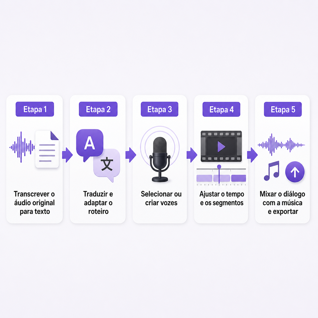 Diagrama mostrando as cinco etapas da dublagem de vídeo, da transcrição à mixagem final e exportação