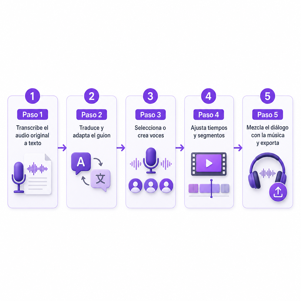 Diagrama que muestra las cinco etapas del doblaje de vídeo, desde la transcripción hasta la mezcla final y la exportación