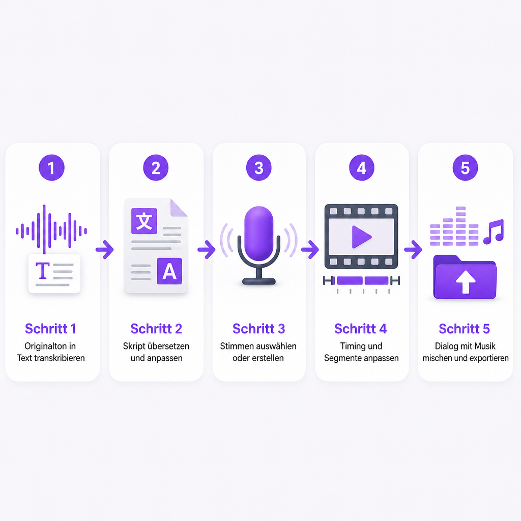 Diagramm der fünf Phasen der Video-Synchronisation von der Transkription bis zur finalen Mischung und zum Export