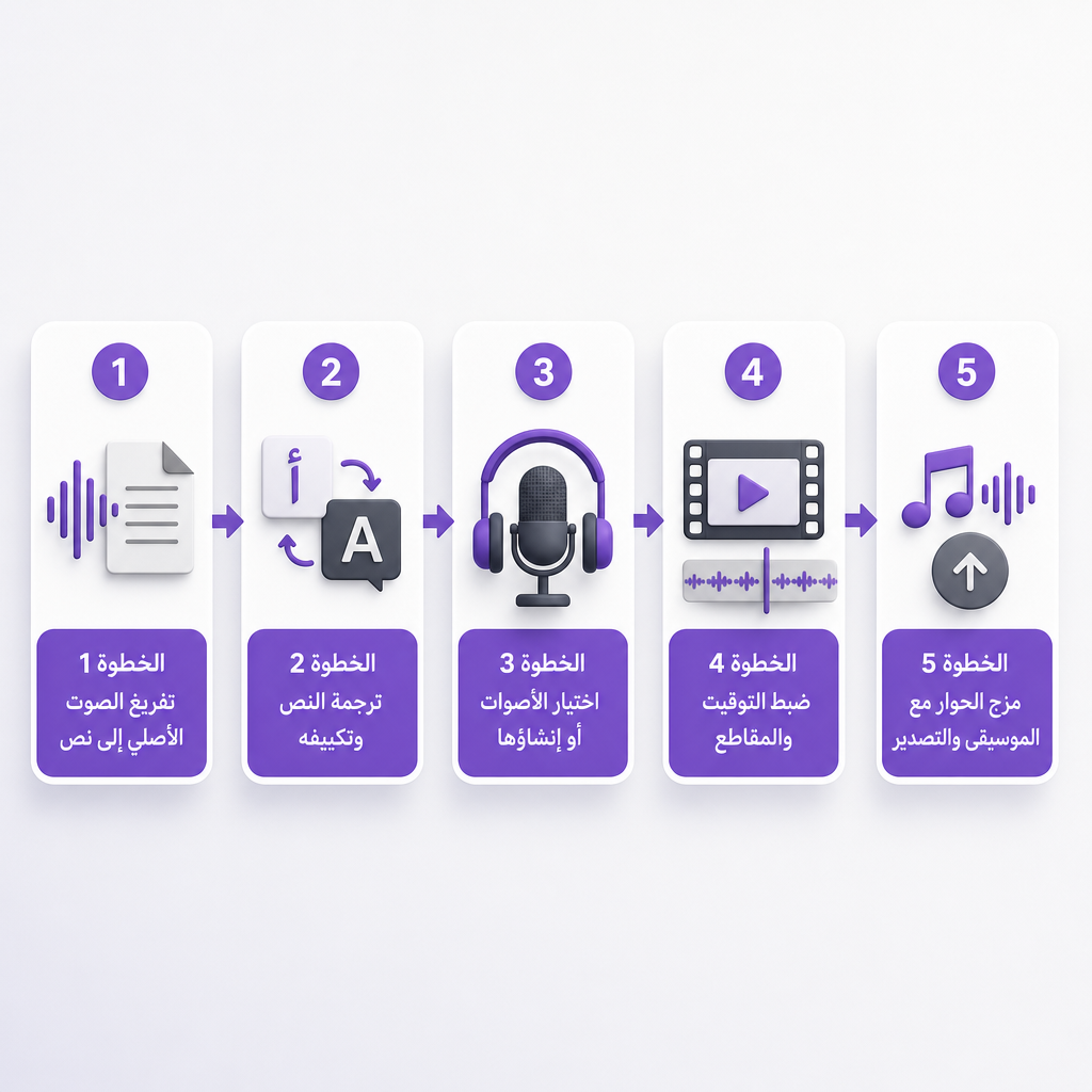 مخطط يوضح المراحل الخمس لدبلجة الفيديو من التفريغ إلى المزج النهائي والتصدير