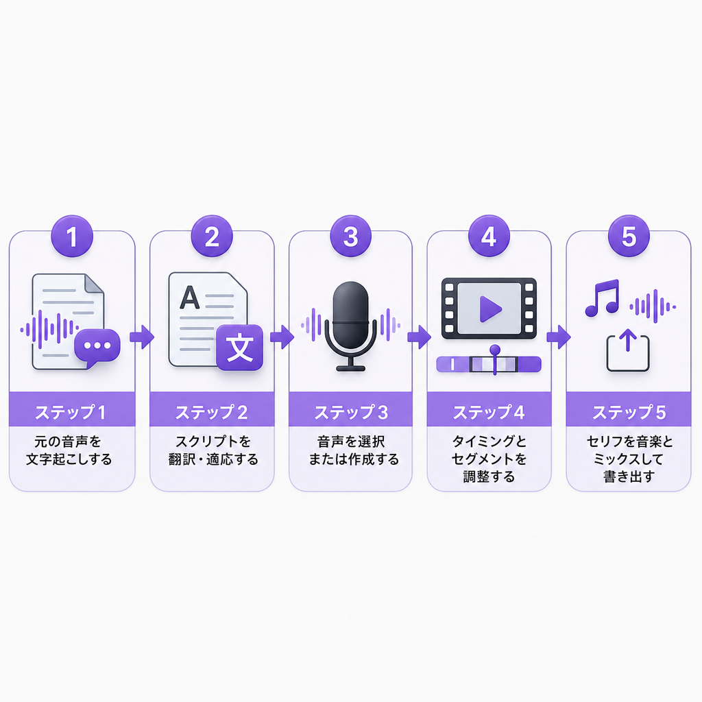 文字起こしから最終ミックス・書き出しまで、動画吹き替えの5つの段階を示す図