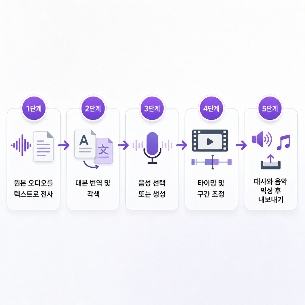 전사부터 최종 믹싱 및 내보내기까지 영상 더빙의 다섯 단계를 보여주는 도표