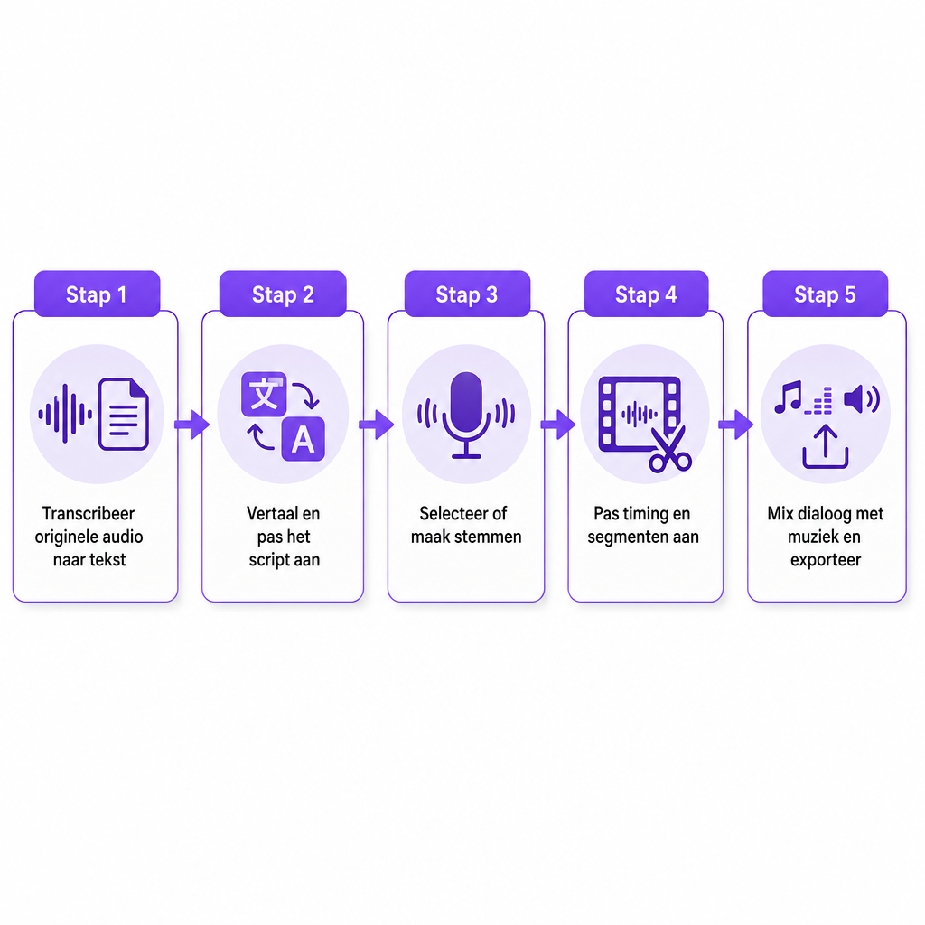 Diagram met de vijf fasen van videonasynchronisatie van transcriptie tot eindmix en export