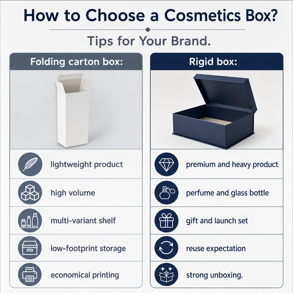 Visual comparing the selection criteria between a folding carton box and a rigid box