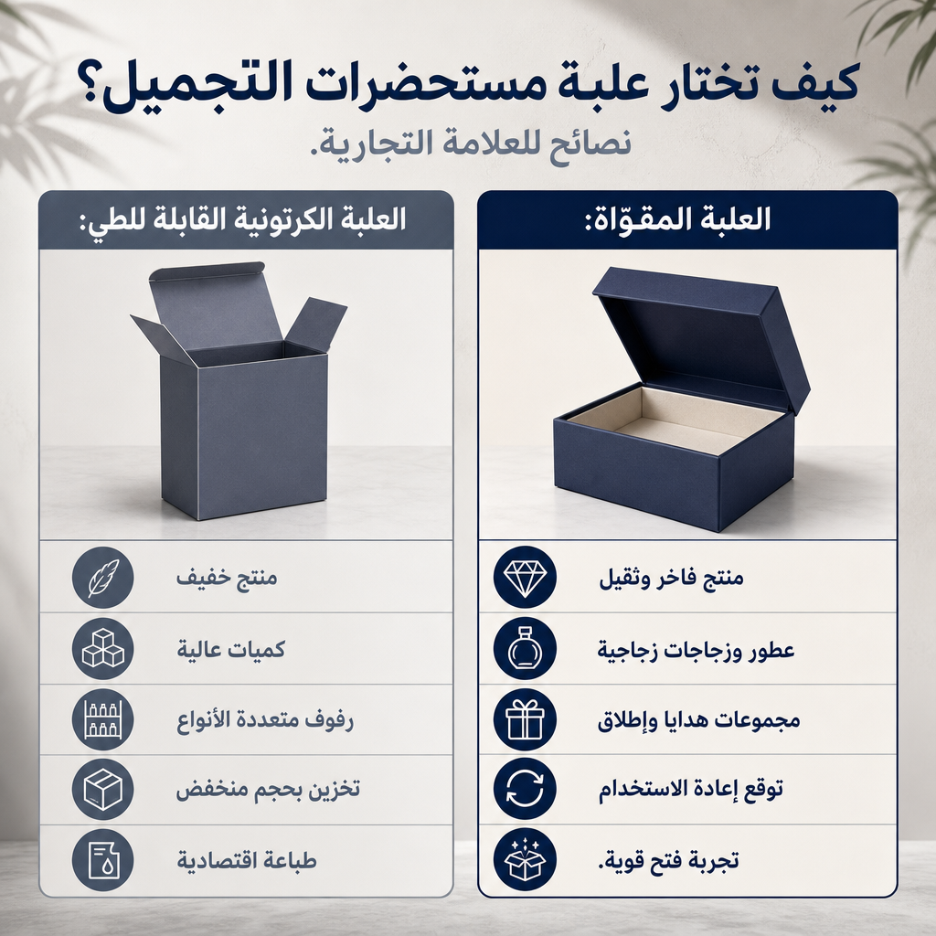 صورة تقارن بين معايير الاختيار بين العلبة الكرتونية القابلة للطي والعلبة المقوّاة