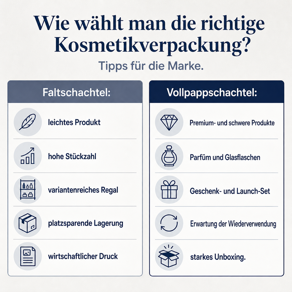 Visualisierung zum Vergleich der Auswahlkriterien zwischen Faltschachtel und Vollpappschachtel