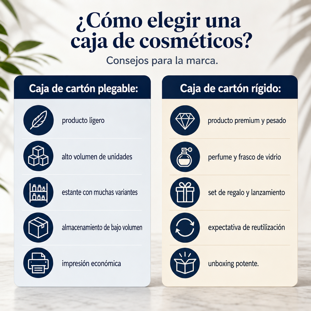 Imagen que compara los criterios de elección entre la caja de cartón plegable y la caja de cartón rígido
