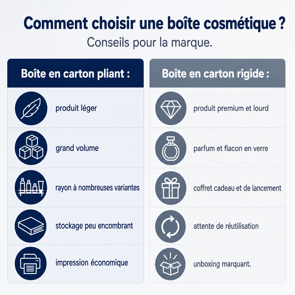 Visuel comparant les critères de choix entre la boîte en carton pliant et la boîte en carton rigide