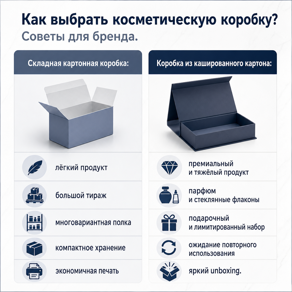 Изображение, сравнивающее критерии выбора между складной картонной коробкой и коробкой из кашированного картона