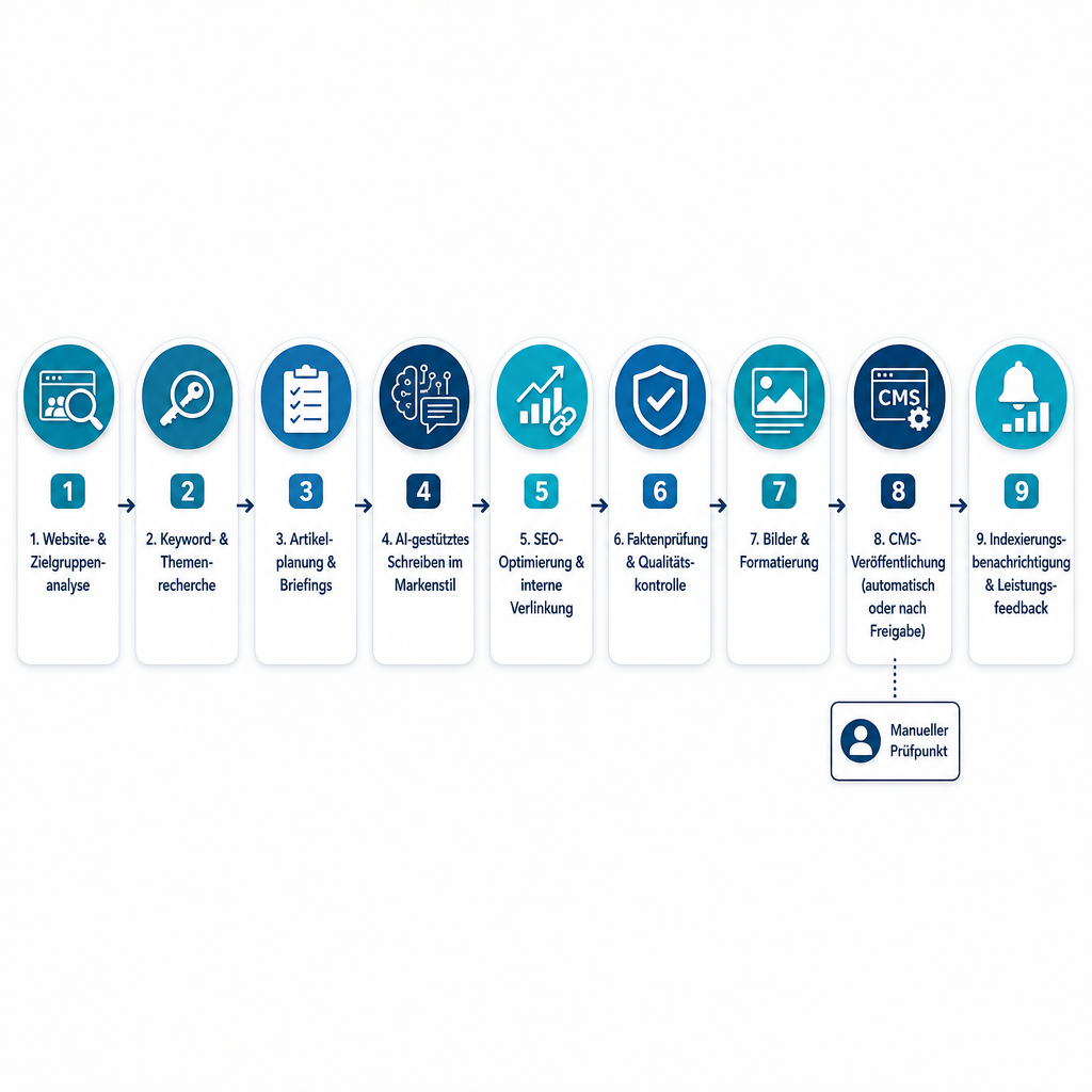 Neunstufiges Prozessdiagramm zur Blog-Automatisierung – von der Website-Analyse bis zur Indexierung und zum Feedback.