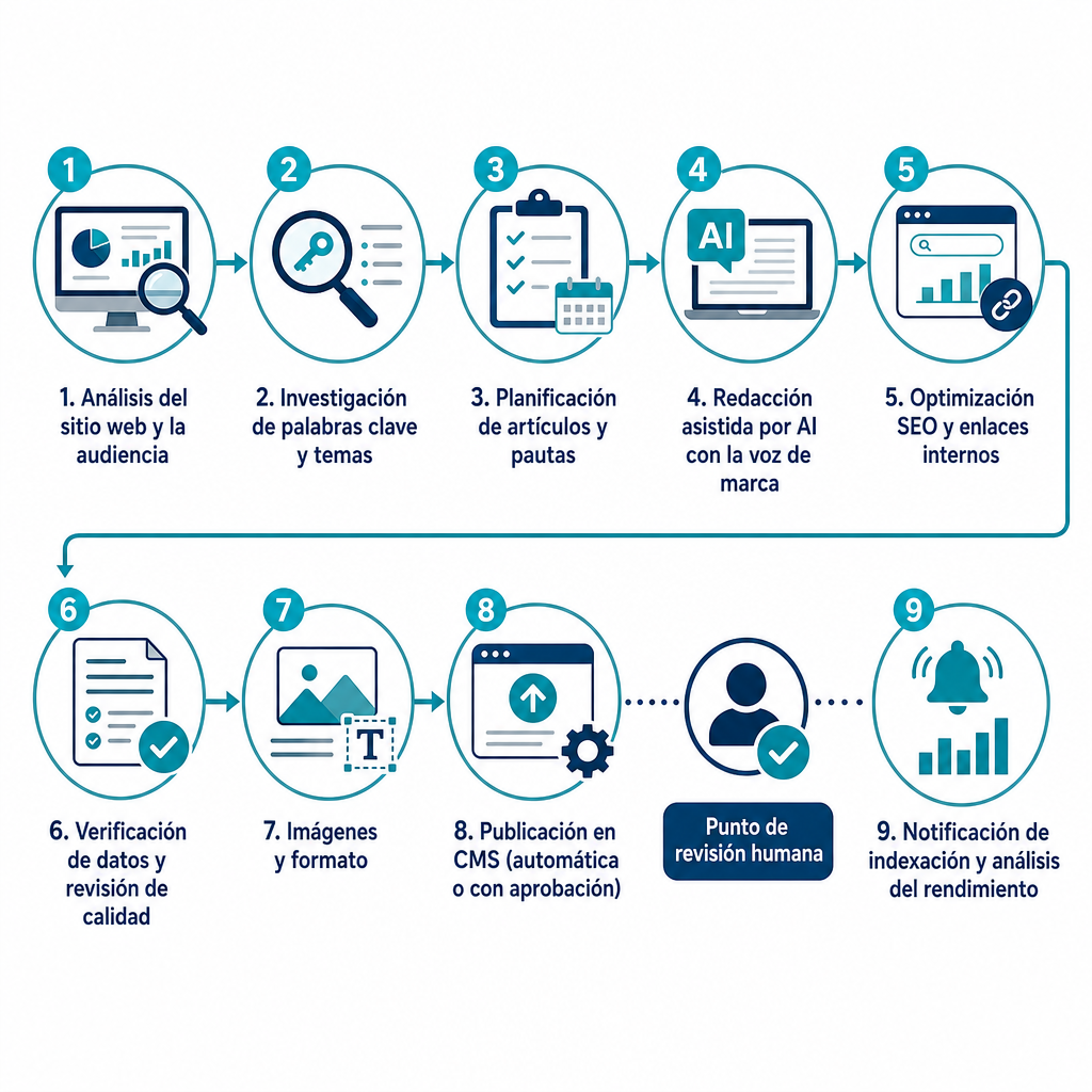 Diagrama de nueve pasos del proceso de automatización de un blog, desde el análisis del sitio web hasta la indexación y la evaluación de resultados.