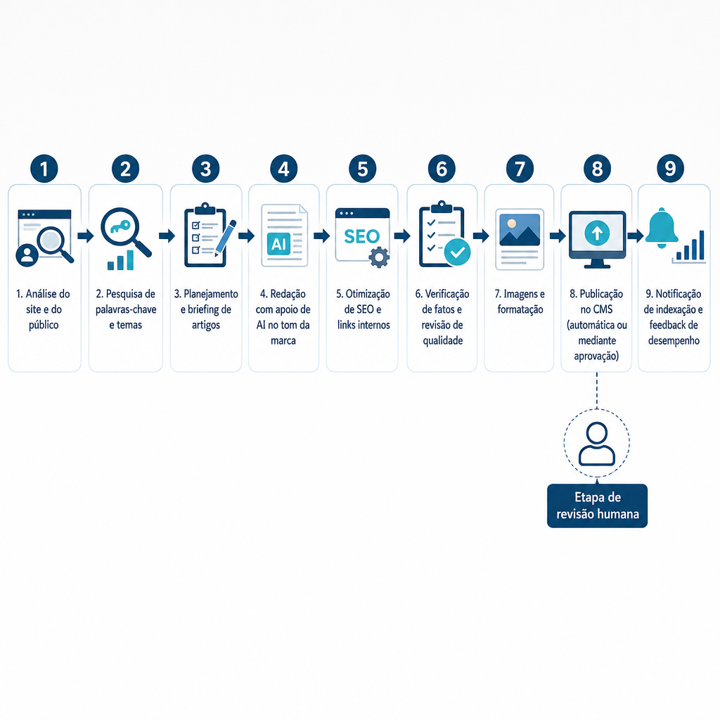 Diagrama de nove etapas do fluxo de automação do blog, da análise do site à indexação e ao feedback.