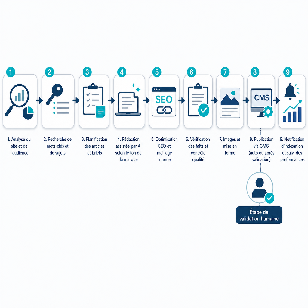 Schéma en neuf étapes du pipeline d’automatisation de blog, de l’analyse du site à l’indexation et au suivi des performances.