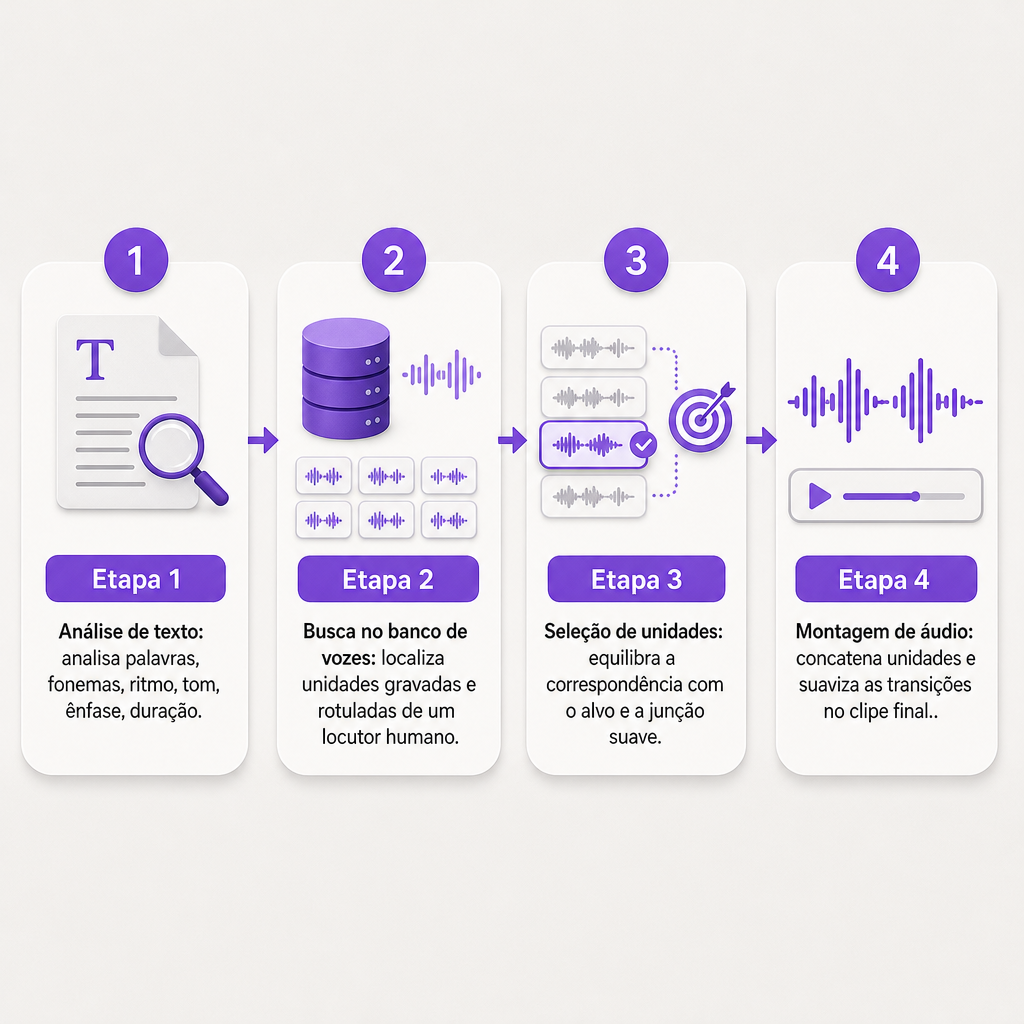 Diagrama de quatro etapas mostrando análise de texto, busca no banco de vozes, seleção de unidades e montagem de áudio