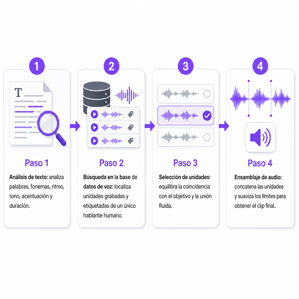 Diagrama de cuatro pasos que muestra el análisis de texto, la búsqueda en la base de datos de voz, la selección de unidades y el ensamblaje de audio