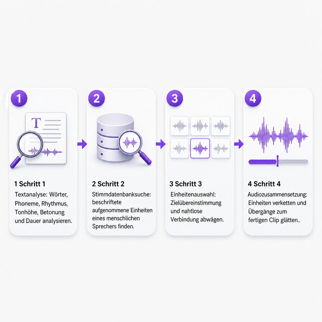 Vierstufiges Diagramm mit Textanalyse, Stimmdatenbanksuche, Einheitenauswahl und Audiozusammensetzung